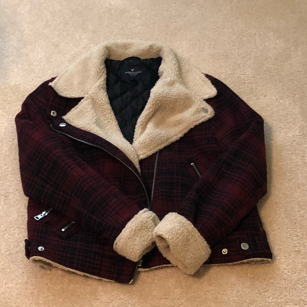 Plaid winter coat with Sherpa collar and cuffs